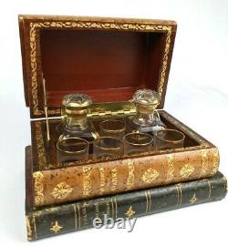 Vintage French Leather Faux Book Tantalus Box Liquor Decanter Set